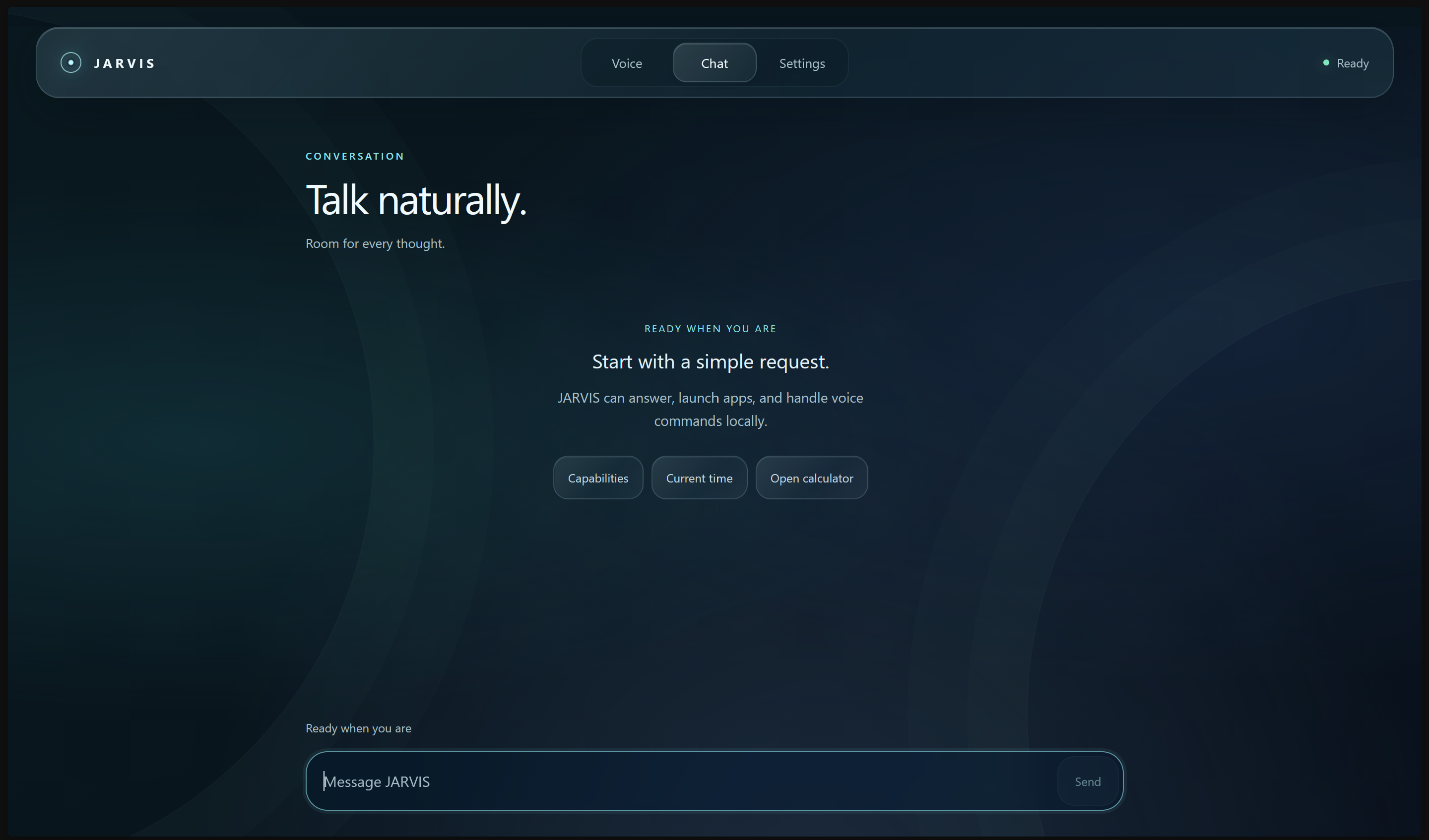 Jarvis chat view before a conversation, with suggested first requests and a message input