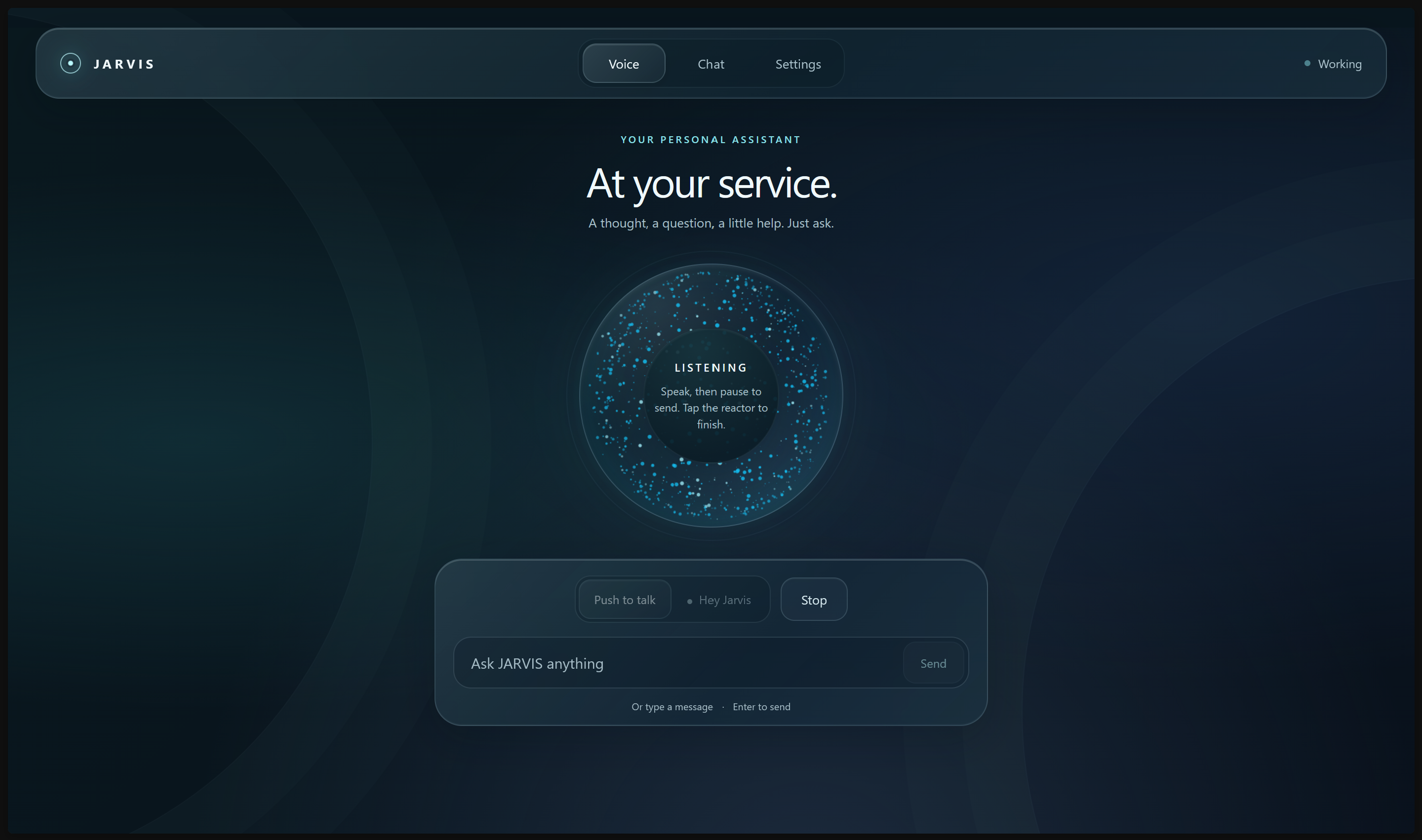 Jarvis voice interface while listening, with a stop control and a prompt to speak then pause
