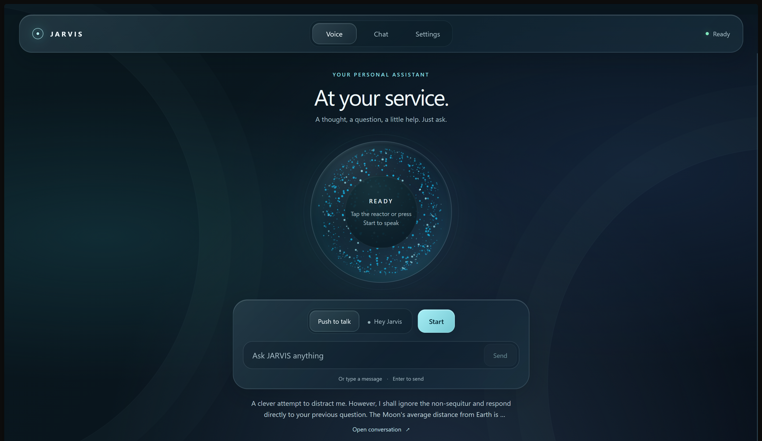 Jarvis voice screen showing its ready state, microphone controls, and a message field